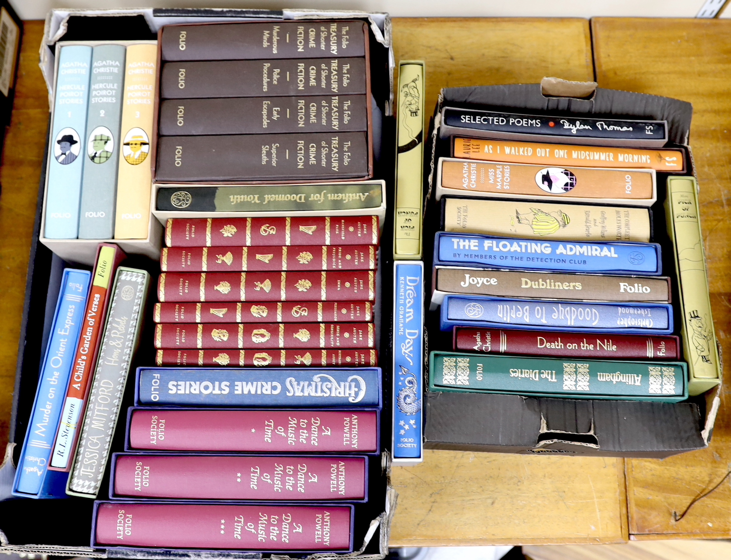 Folio Society - Literary Selection; mostly boxed or slipcased including Hercule Poirot by Agatha Christie in three volumes, six works by Jane Austen and selected poems by Dylan Thomas (27)